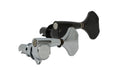 Two inline bass guitar tuning pegs, one black and one silver, shown on a white background.