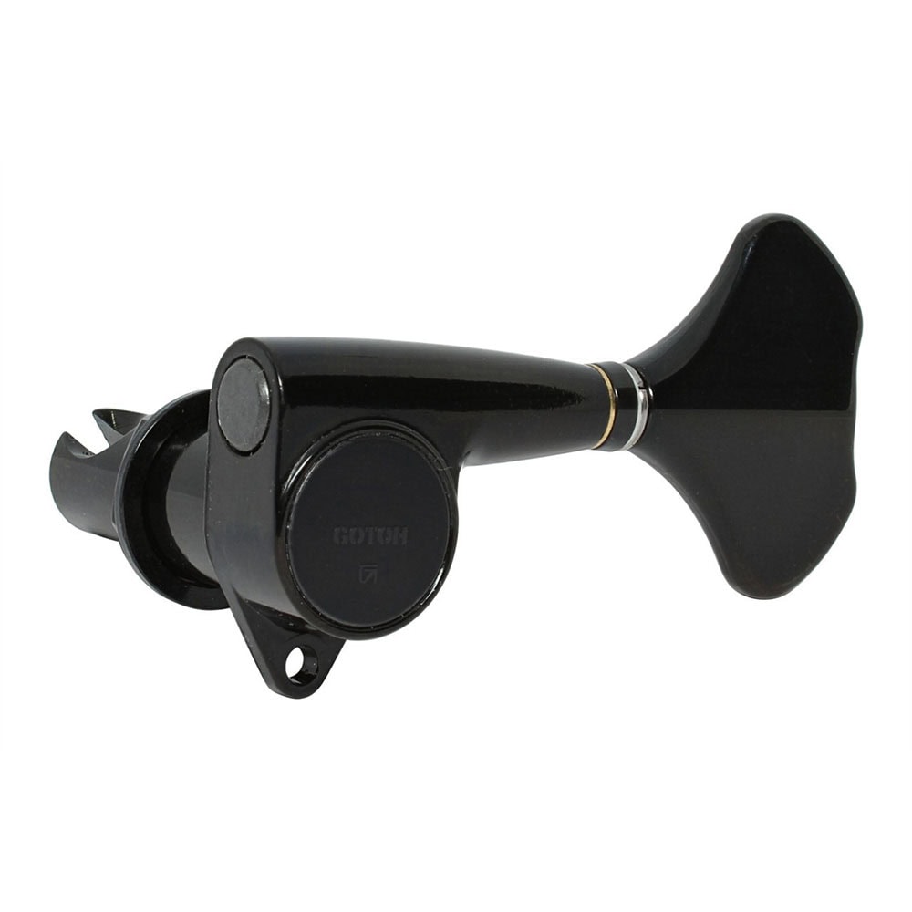Black metal bass guitar tuning machine head with sideways wing-shaped tuning peg and Gotoh logo.