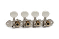 Set of four silver mandolin machine heads with white oval tuning peg knobs and ornamental engraving.