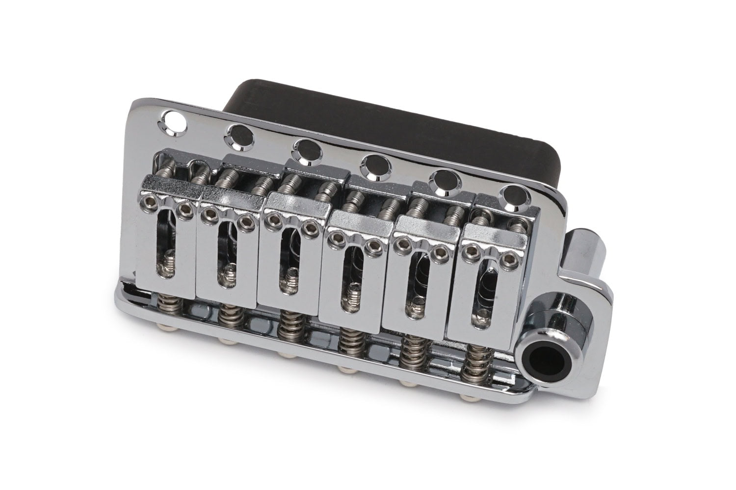Chrome metal guitar tremolo bridge with six steel saddles and mounting holes on a white background.