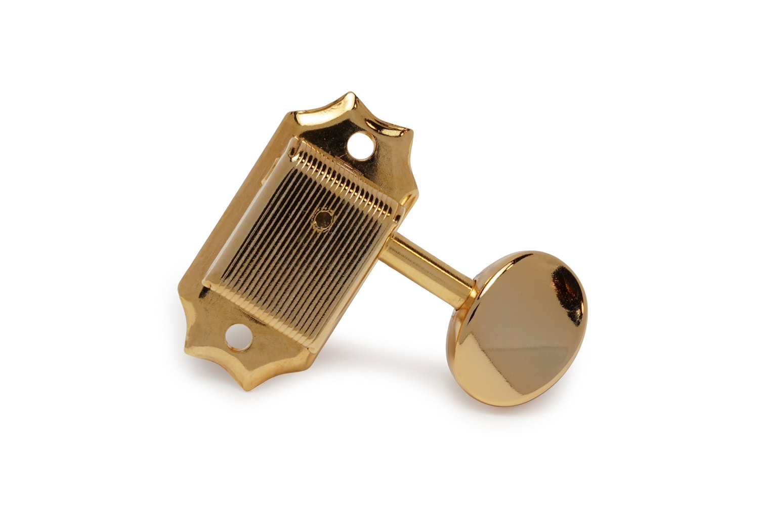 A single gold-colored vintage style guitar tuning peg machine head