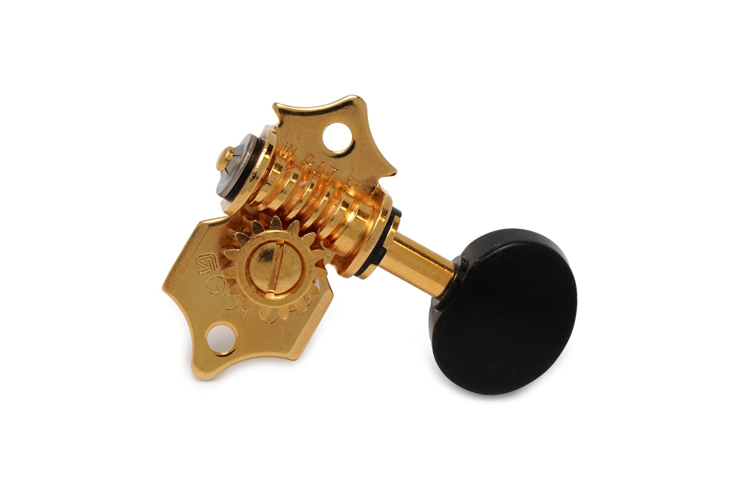 Single gold-colored guitar tuning machine head with black tuning knob on a white background.
