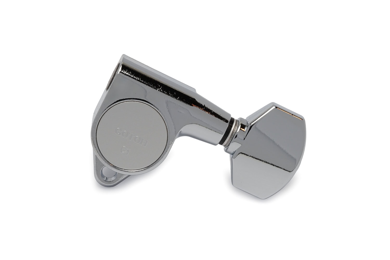 Chrome guitar machine head tuning peg with Gotoh logo visible on the gear cover.