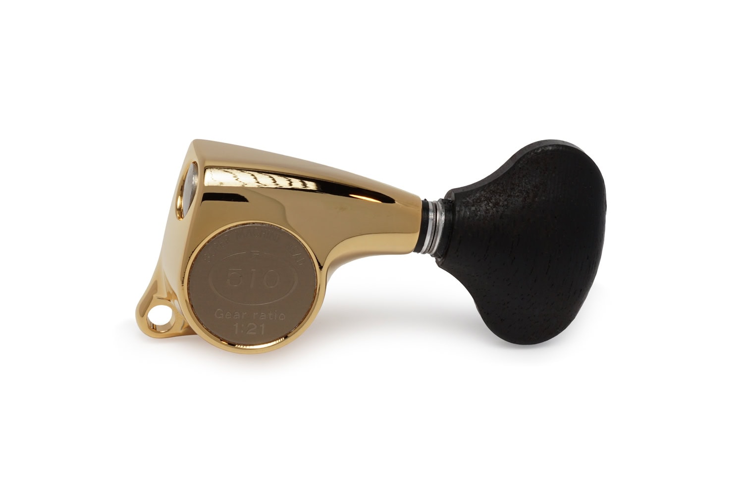 Gold metal guitar machine head with black wood tuning button and mounting hole on white background.