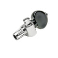 Silver metal tuning peg with black knob for stringed instrument on white background.