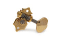 Single gold-colored guitar tuning machine head with worm gear and mounting holes on a white background.