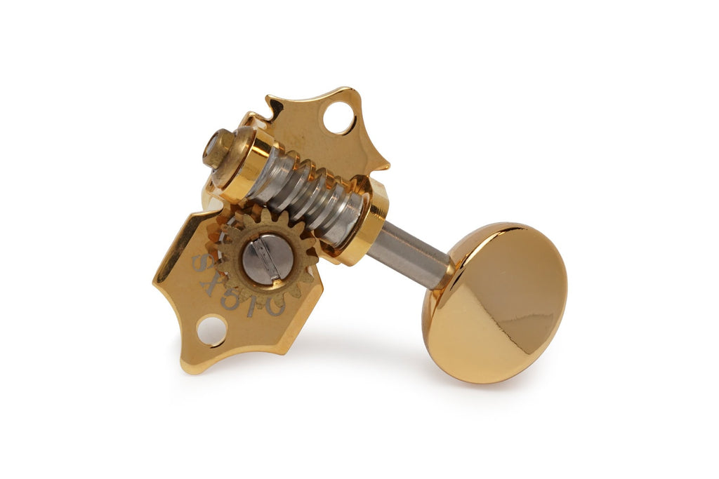 Single gold guitar tuning machine head with visible gear and mounting plate against white background.