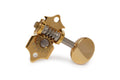 Single gold guitar tuning machine head with visible gear and mounting plate against white background.