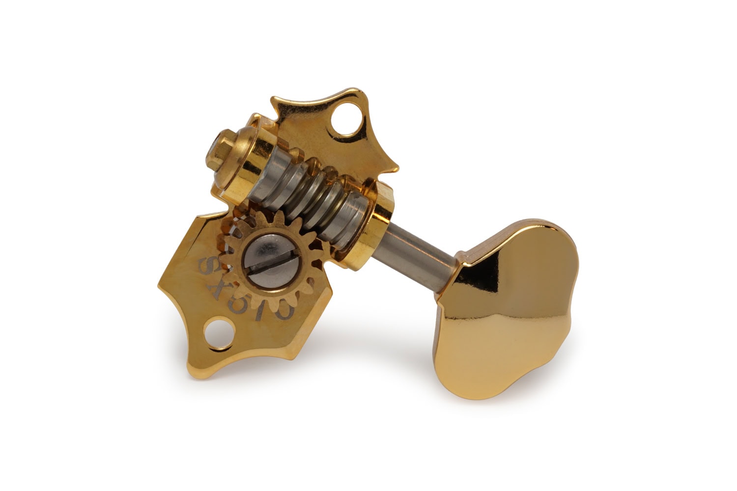 Single gold guitar tuning machine head with visible screw gear and tuning peg.