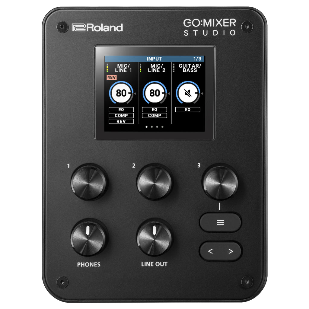 Top view of a black Roland Go:Mixer Studio audio mixer with display screen, rotary knobs, and buttons.