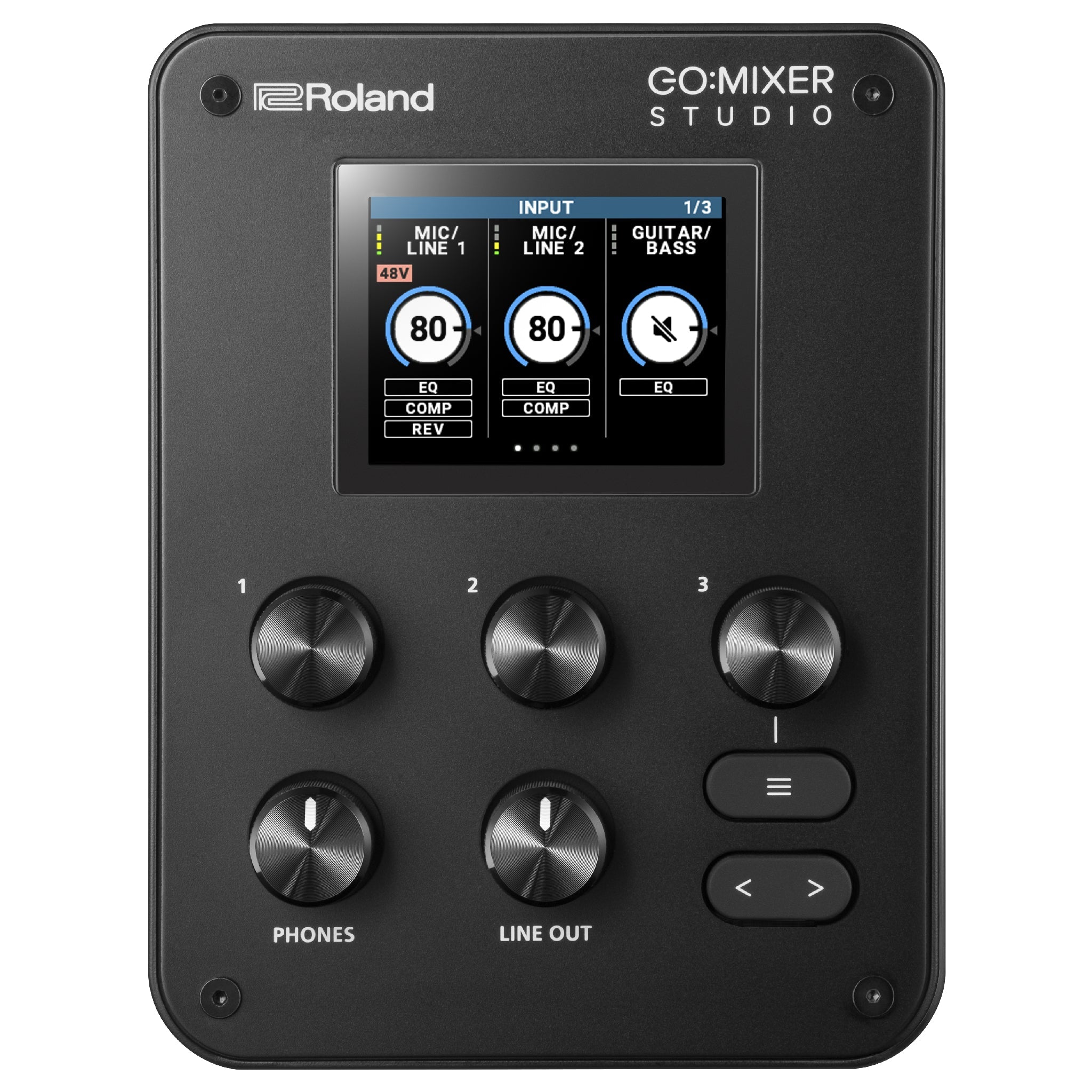 Top view of a black Roland Go:Mixer Studio audio mixer with display screen, rotary knobs, and buttons.