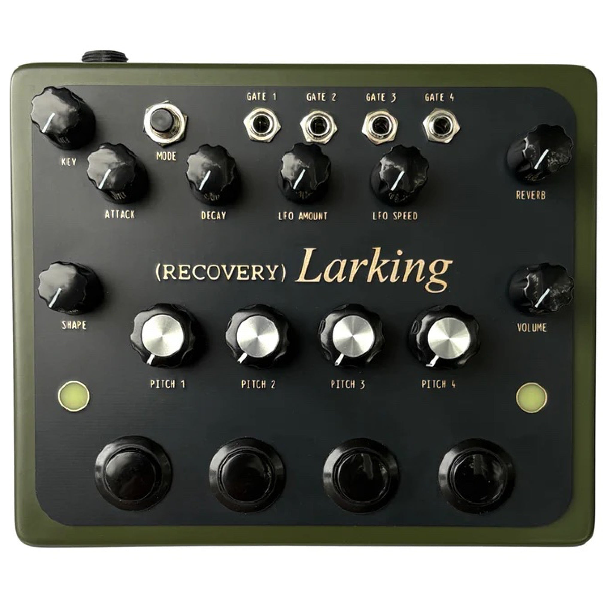 Top view of a green and black synthesizer with knobs, footswitches, jacks, and labeled controls for pitch and effects.