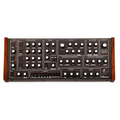 Analog synthesizer panel with multiple knobs, buttons, and labeled sections including oscillators, mixer, filter, envelope generators, chorus, and delay.