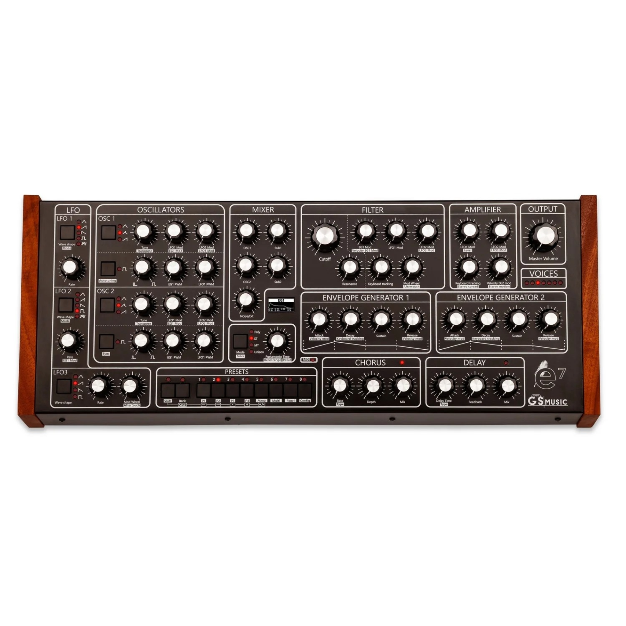Analog synthesizer panel with multiple knobs, buttons, and labeled sections including oscillators, mixer, filter, envelope generators, chorus, and delay.