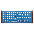 Blue synthesizer panel with wooden sides featuring various knobs, buttons, and labeled sections for synthesis control.
