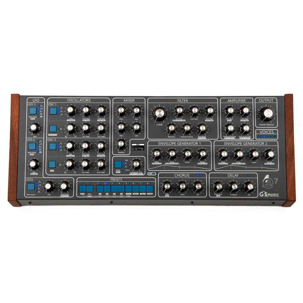 Top view of a gray GS Music e7 analog polyphonic synthesizer with multiple knobs and buttons on the control panel.