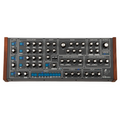 Top view of a gray GS Music e7 analog polyphonic synthesizer with multiple knobs and buttons on the control panel.
