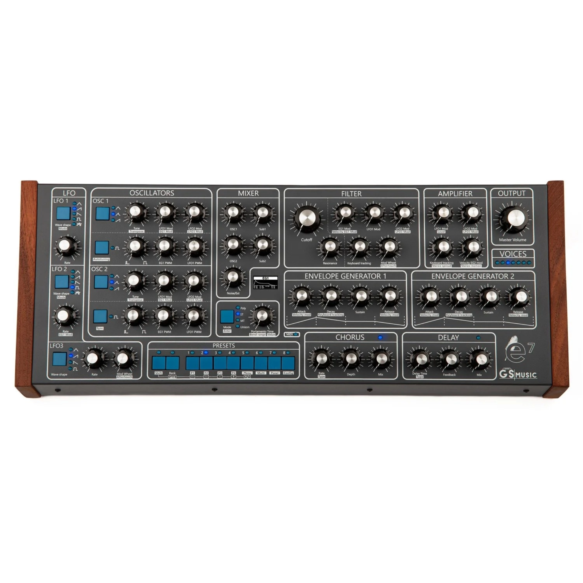 Top view of a gray GS Music e7 analog polyphonic synthesizer with multiple knobs and buttons on the control panel.