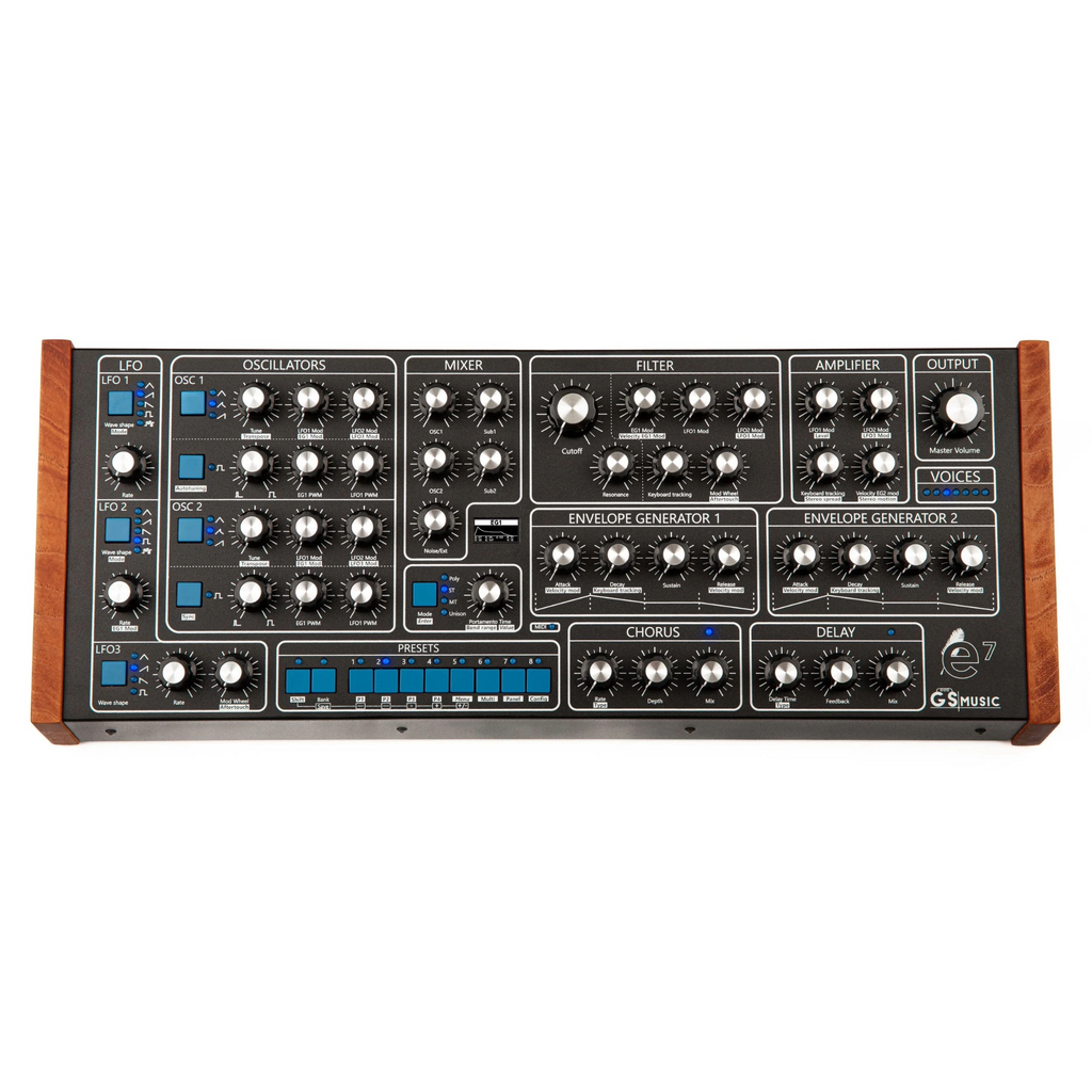 Black and blue GS Music e7 synthesizer module with knobs, buttons, and wooden side panels.