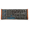 Black and blue GS Music e7 synthesizer module with knobs, buttons, and wooden side panels.