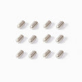 Set of 12 small silver metal screws arranged in three rows on a white background.
