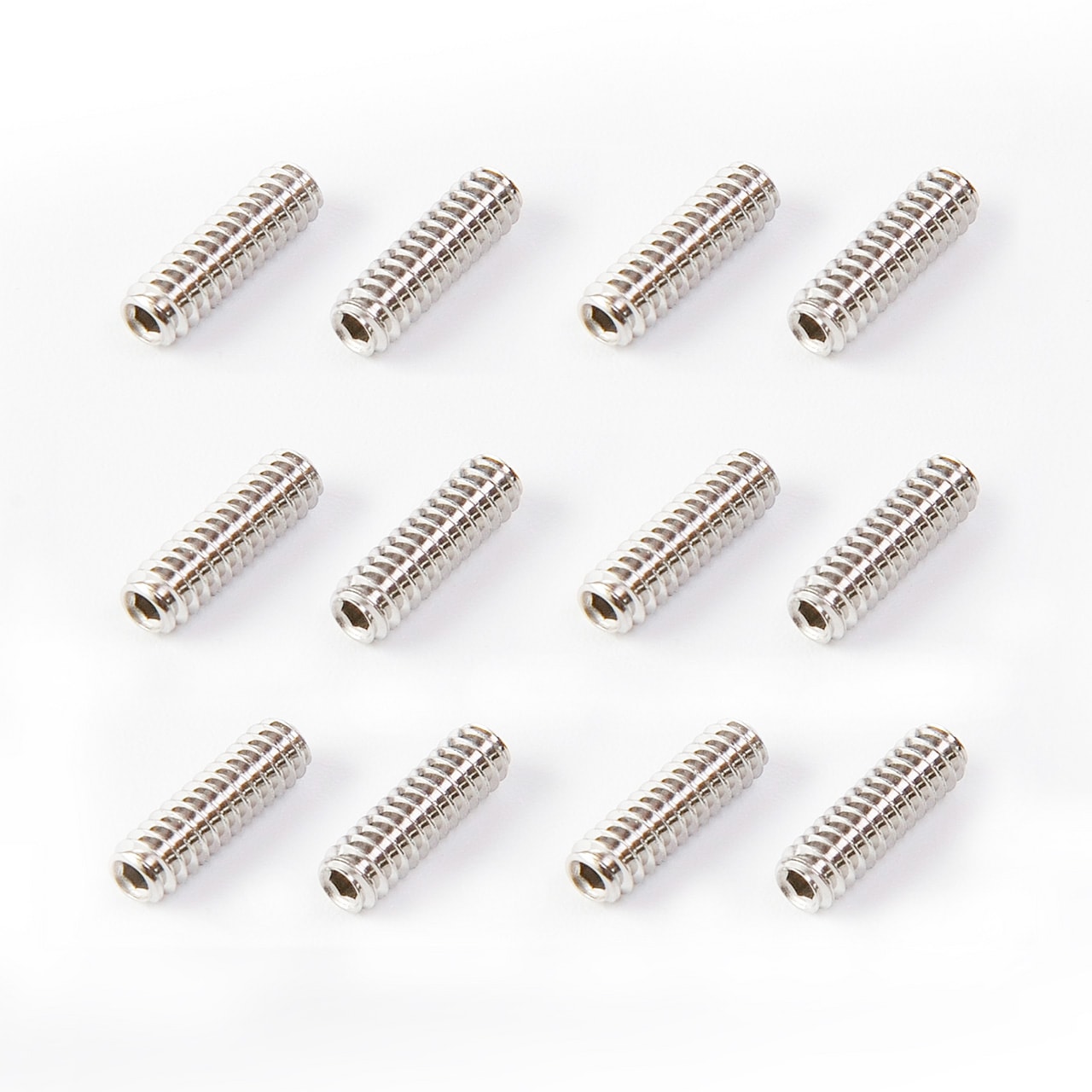 Set of 12 silver metal hex socket screws arranged in a grid on a white background.