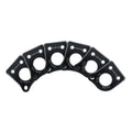 Six black metal plates with circular and screw holes arranged in a fanned layout on white background.