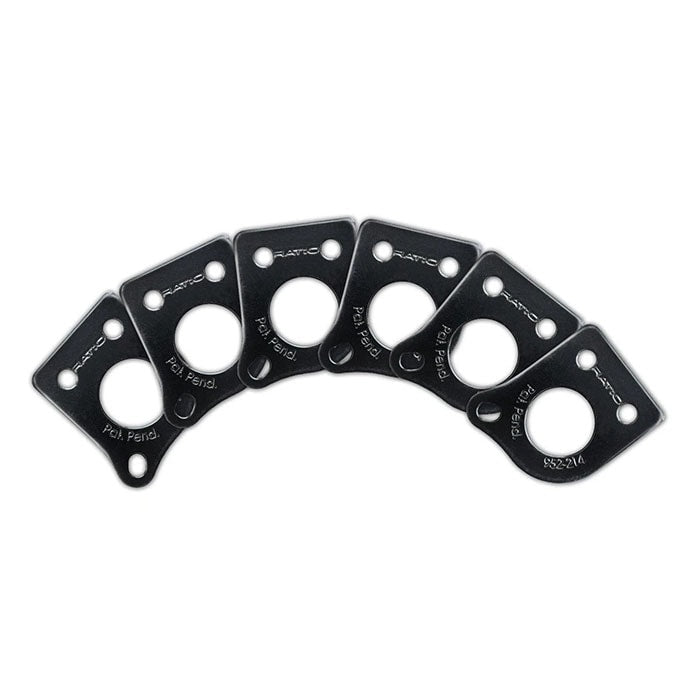 Six black metal plates with circular and screw holes arranged in a fanned layout on white background.