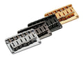 Three hardtail guitar bridge units in gold, black, and silver finishes shown stacked.