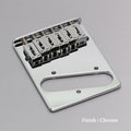 Chrome-finished metal guitar bridge plate with six adjustable saddles and mounting holes