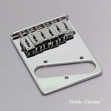 Chrome-finished metal guitar bridge plate with six adjustable saddles and mounting holes