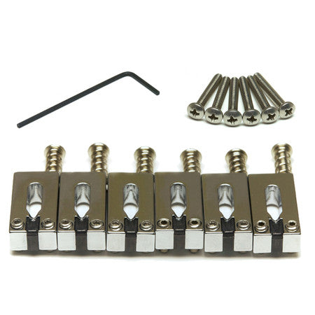 Set of six metal guitar saddles with six screws and one black Allen wrench on white background.