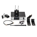 Wireless audio receiver unit with accompanying transmitter pack, earbuds, cables, mounting brackets, and power adapter.