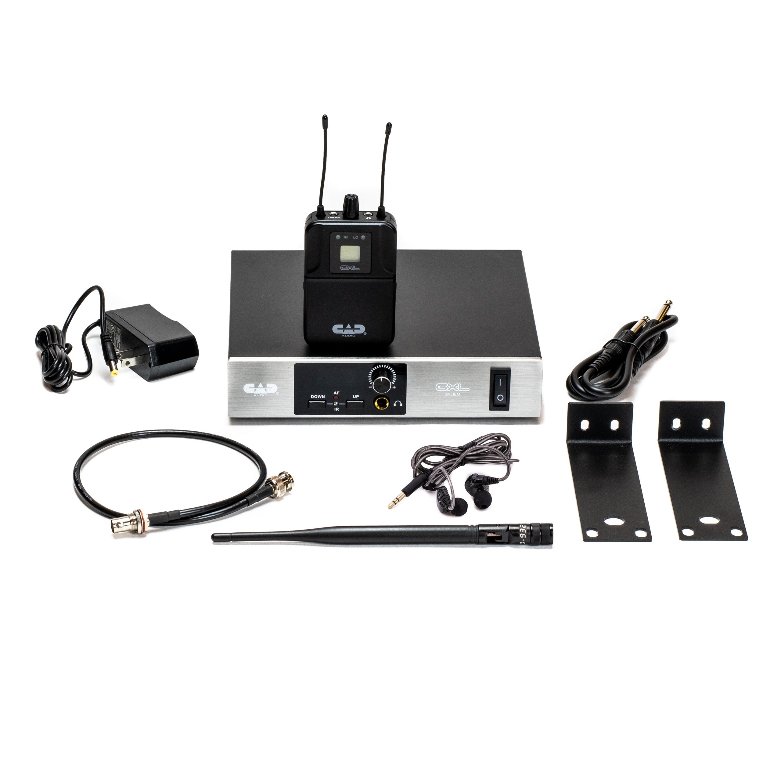Wireless audio receiver unit with accompanying transmitter pack, earbuds, cables, mounting brackets, and power adapter.