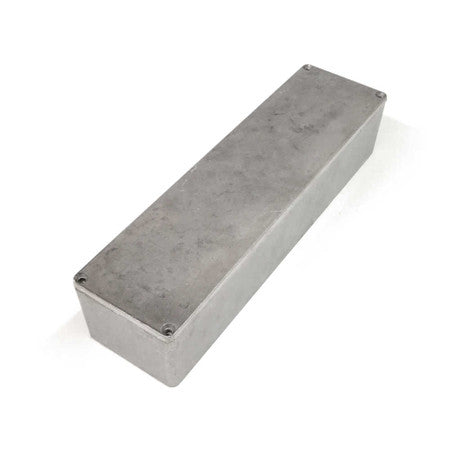 Rectangular metallic enclosure box with screws on the top cover on a white background.