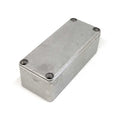 Rectangular metal enclosure box with four corner screw holes on the top surface.