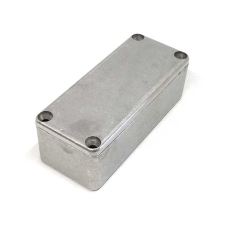 Rectangular metal enclosure box with four corner screw holes on the top surface.