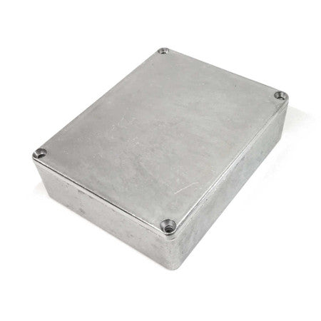 Rectangular metal enclosure with screws at the corners on a white background.