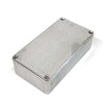 Rectangular silver metal enclosure box with four corner screws on the top cover.