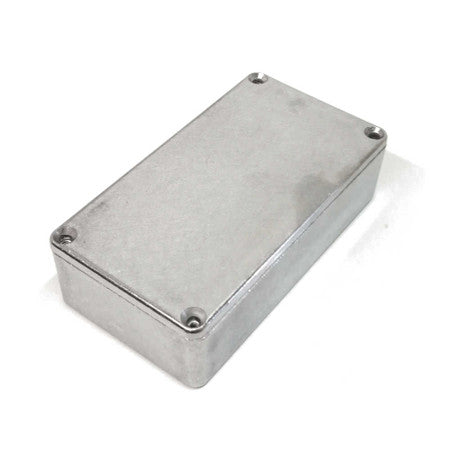 Rectangular silver metal enclosure box with four corner screws on the top cover.