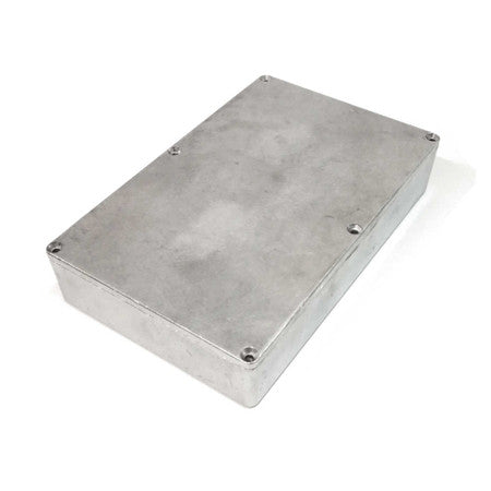 Rectangular metal enclosure box with screws at the corners on a white background.