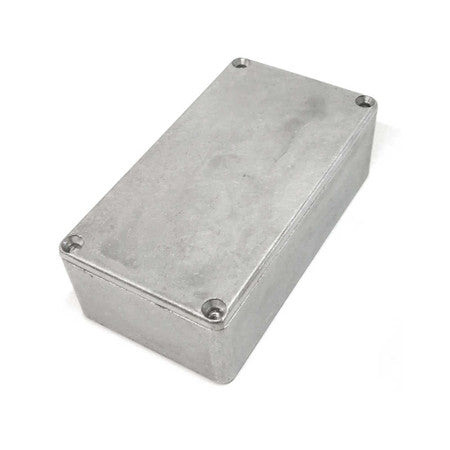 Rectangular metal enclosure box with a flat lid and four screws at the corners.