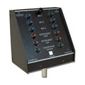 Black Glensound audio control unit with multiple rotary knobs, two headphone jacks, and a talkback button.