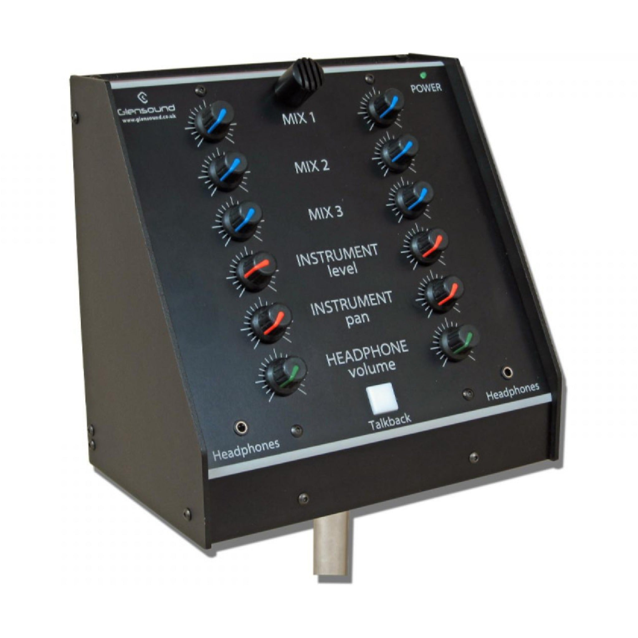 Black Glensound audio control unit with multiple rotary knobs, two headphone jacks, and a talkback button.