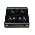 Black audio device with four rotary knobs, two blue mute buttons, and two 1/4 inch headphone outputs.