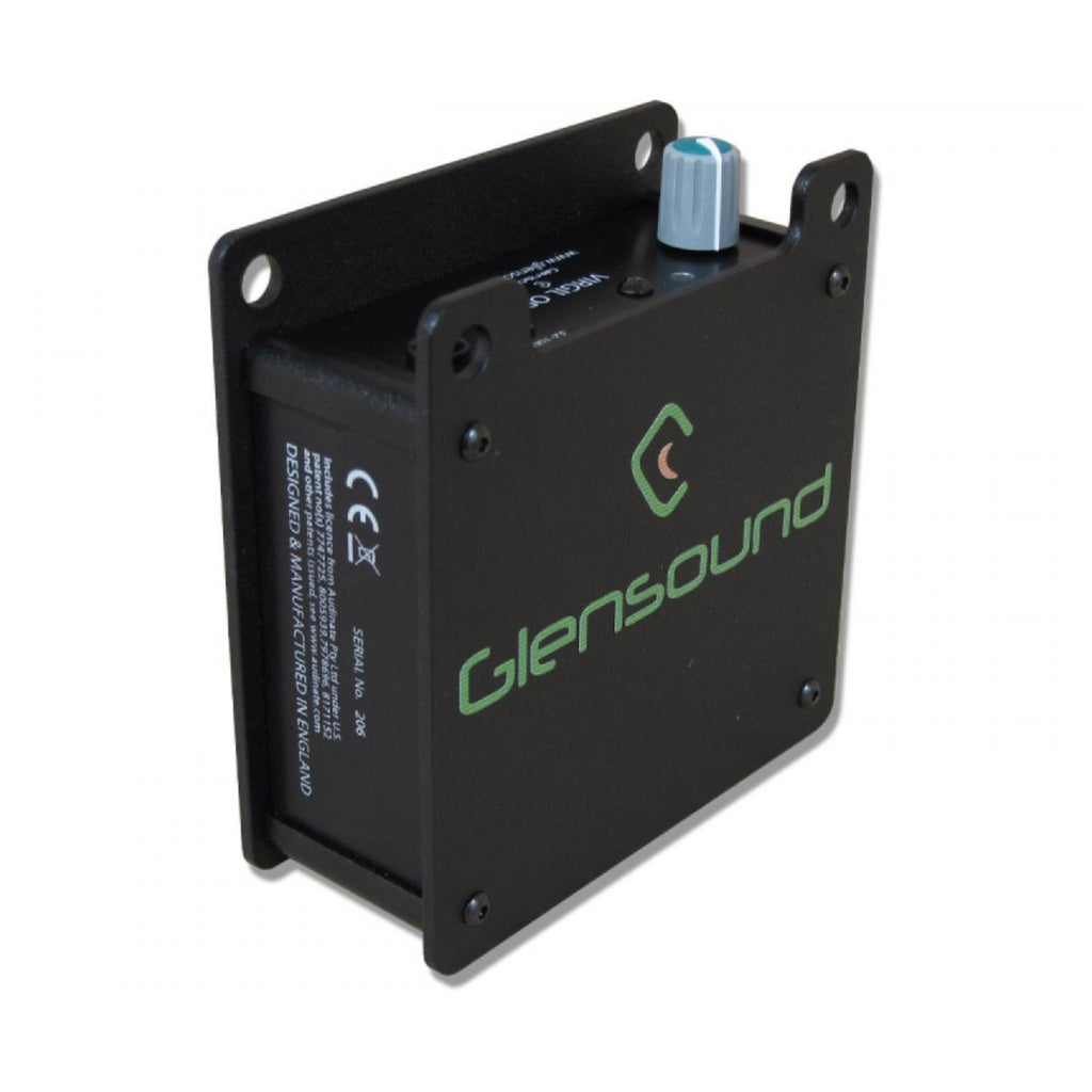 Black Glensound electronic device with a rotary knob and a mounting bracket on white background.