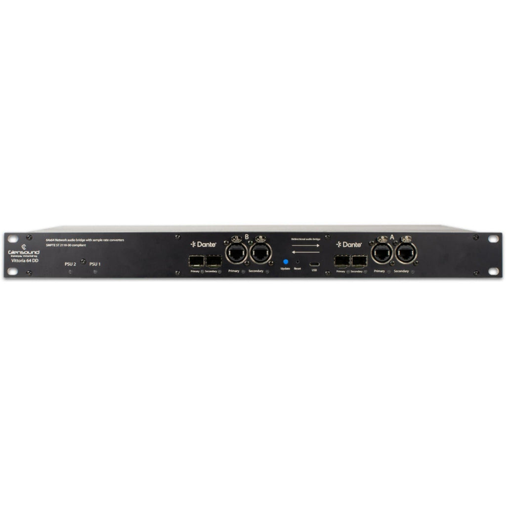 Front panel of a Glensound Vittoria 64 DD network audio bridge with multiple Ethernet, USB ports and control buttons.