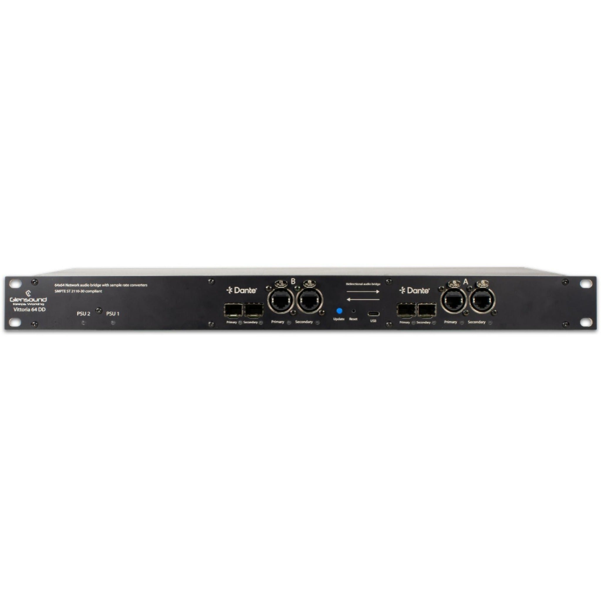 Front panel of a Glensound Vittoria 64 DD network audio bridge with multiple Ethernet, USB ports and control buttons.