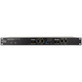 Front view of a black rackmount audio network bridge device with Ethernet, optical, and USB connectors and control buttons.