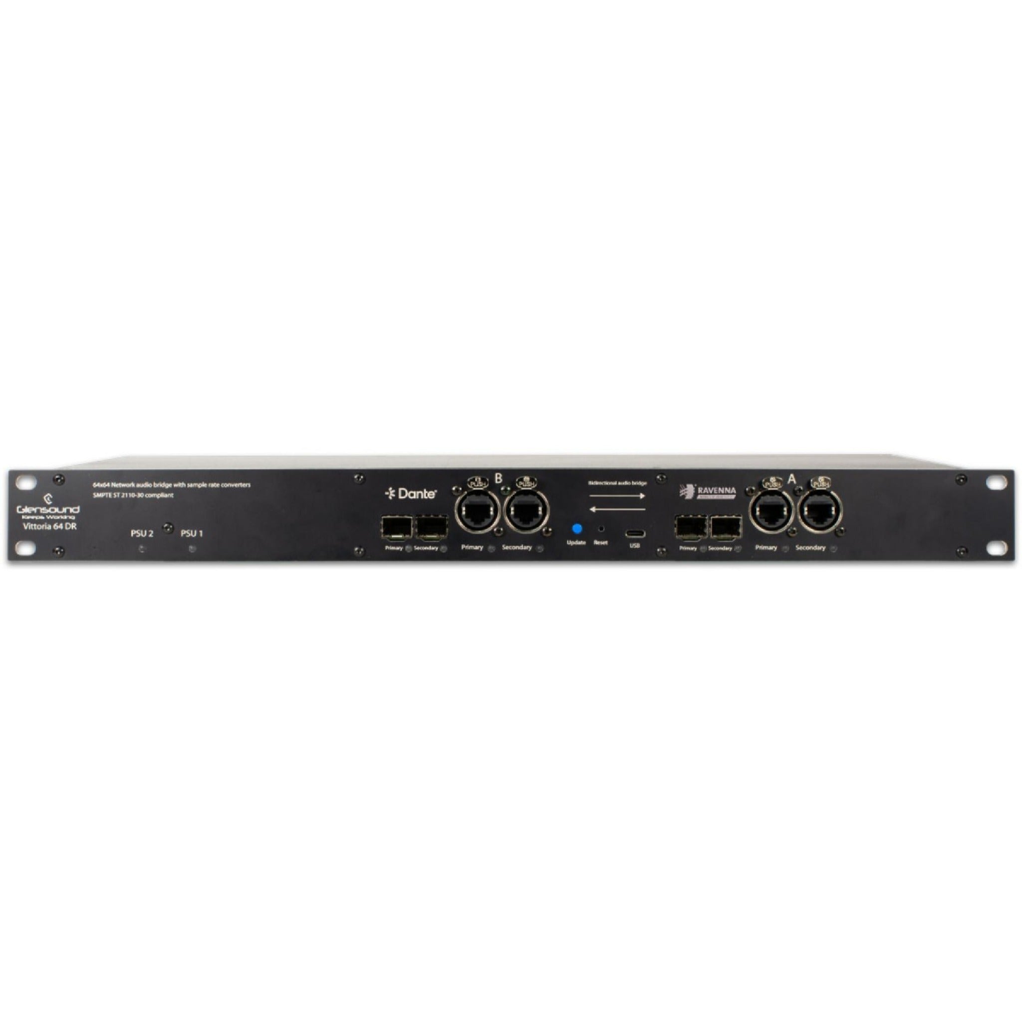 Front view of a black rackmount audio network bridge device with Ethernet, optical, and USB connectors and control buttons.